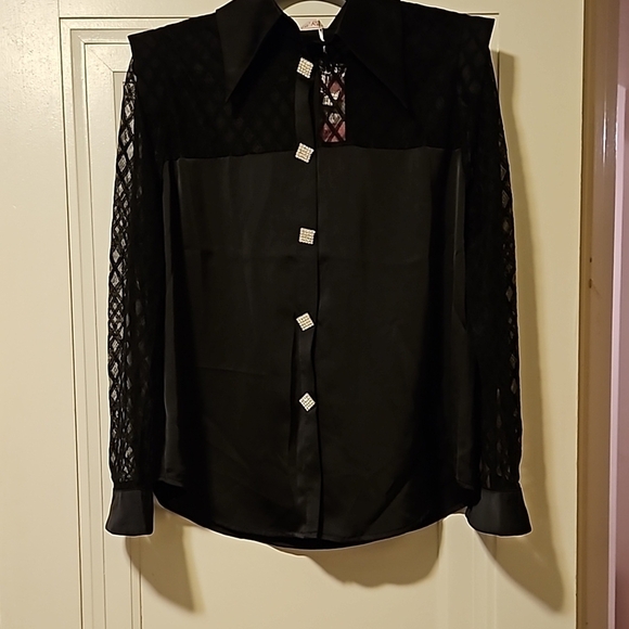 Black Lace and Satin Women's Button-up, Rhinestone buttons, Sz L, NWT - Picture 1 of 5